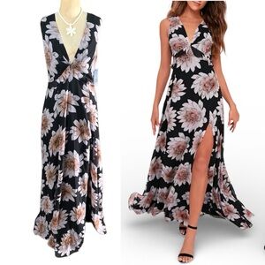 NWT! LULUS SERENE DREAMS BLACK FLORAL MAXI DRESS OPEN FRONT SLEEVELESS- S